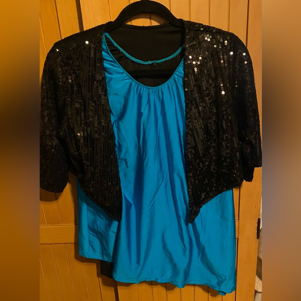 Revolution Sparkly Black openvest /Unitard shorts Blue swing Costume large